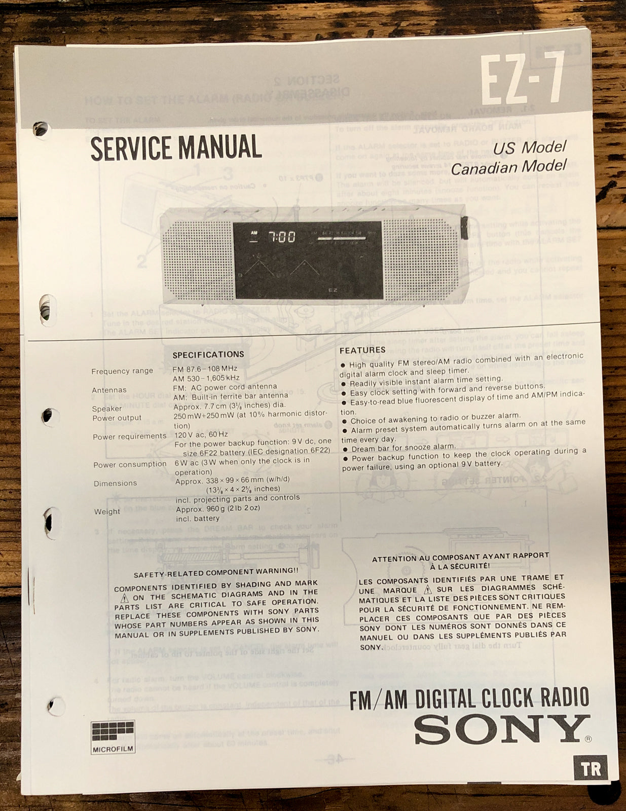 Sony EZ-7 Clock Radio  Service Manual *Original*