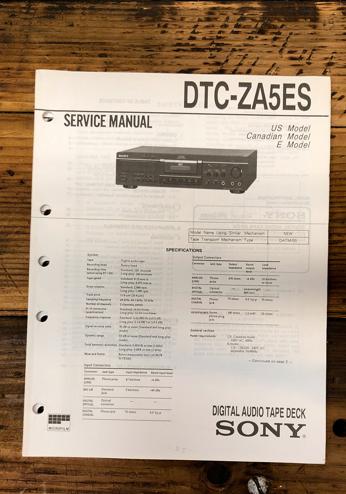 Sony DTC-ZA5ES DAT Deck  Service Manual *Original*