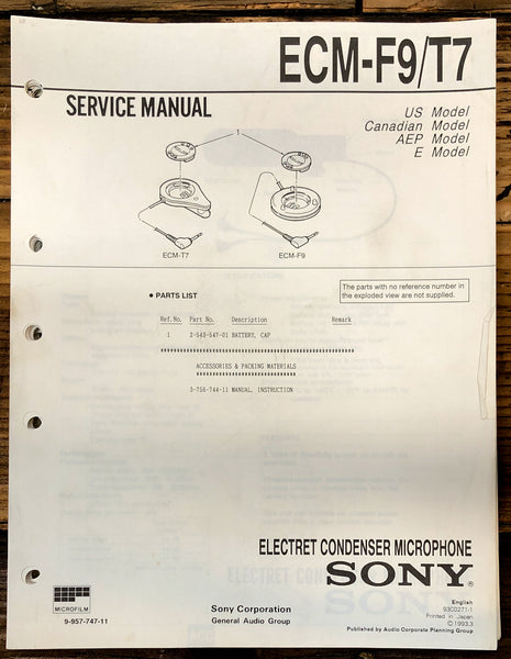 Sony ECM-F9 -T7 Microphone  Service Manual *Original*