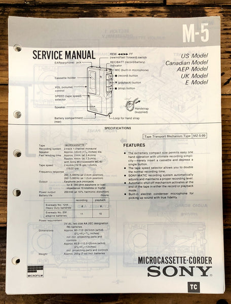 Sony M-5 Micro Cassette  Service Manual *Original*