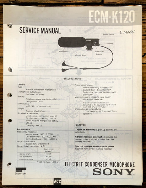 Sony ECM-K120 Microphone  Service Manual *Original*