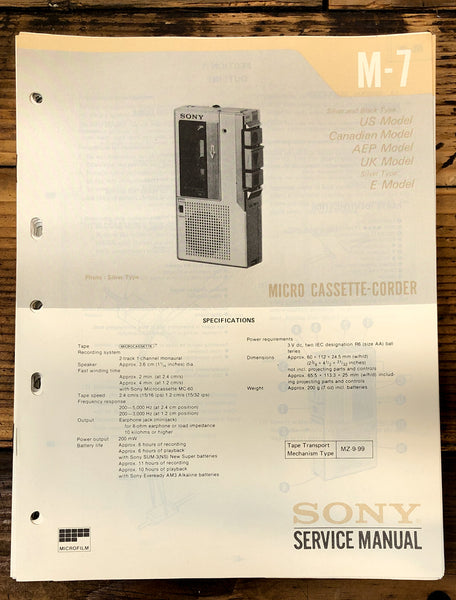 Sony M-7 Micro Cassette  Service Manual *Original*