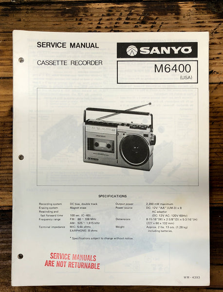 Sanyo M6400 Cassette  Service Manual *Original*