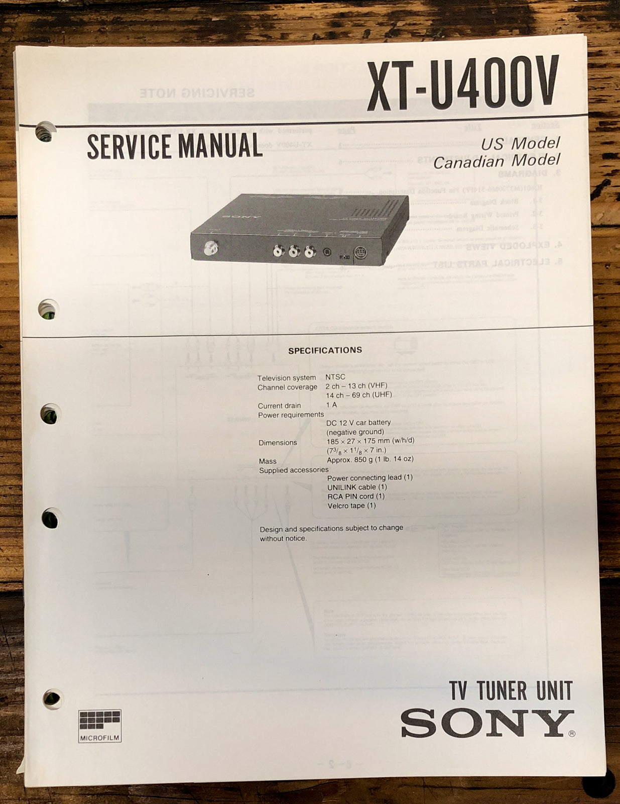 Sony XT-U400V TV Tuner  Service Manual *Original*
