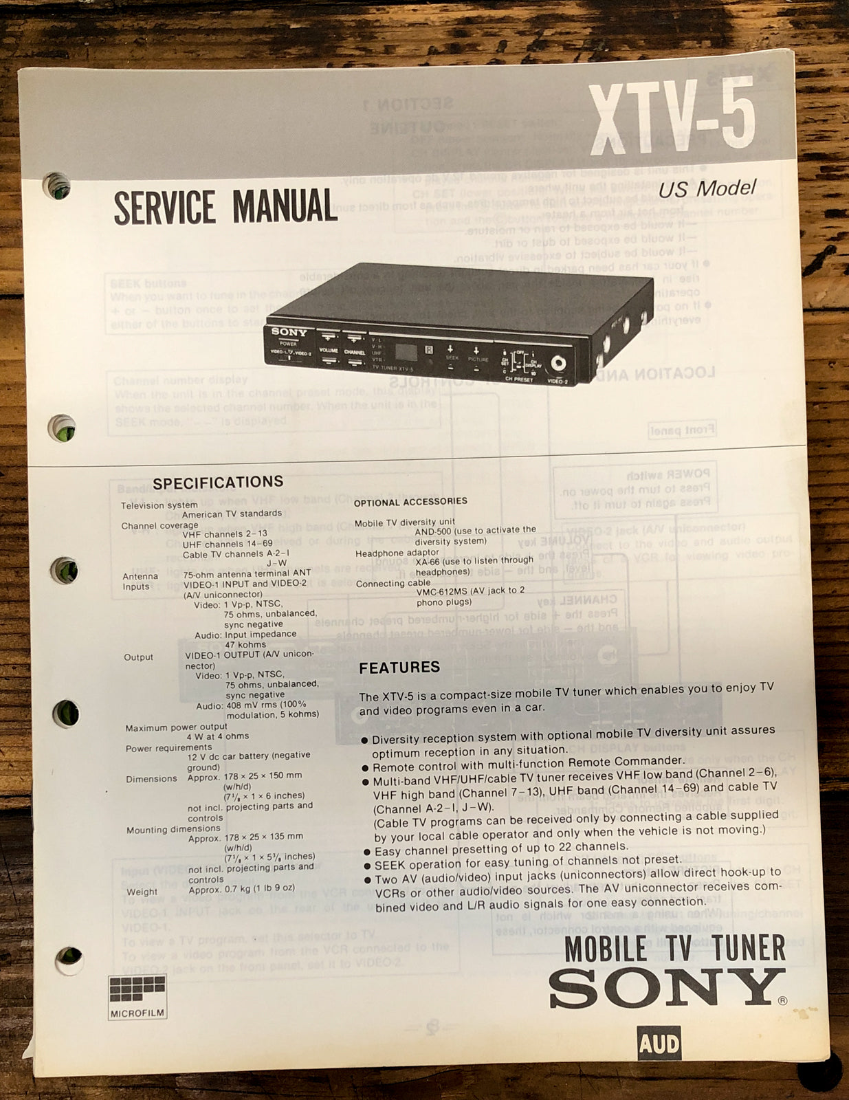 Sony XTV-5 TV Tuner  Service Manual *Original*