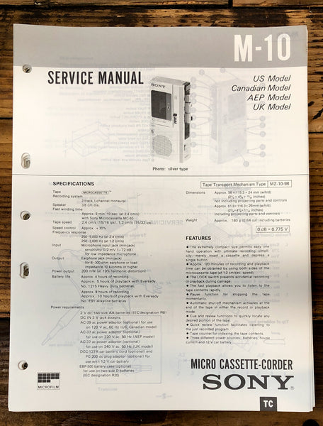 Sony M-10 Micro Cassette  Service Manual *Original*