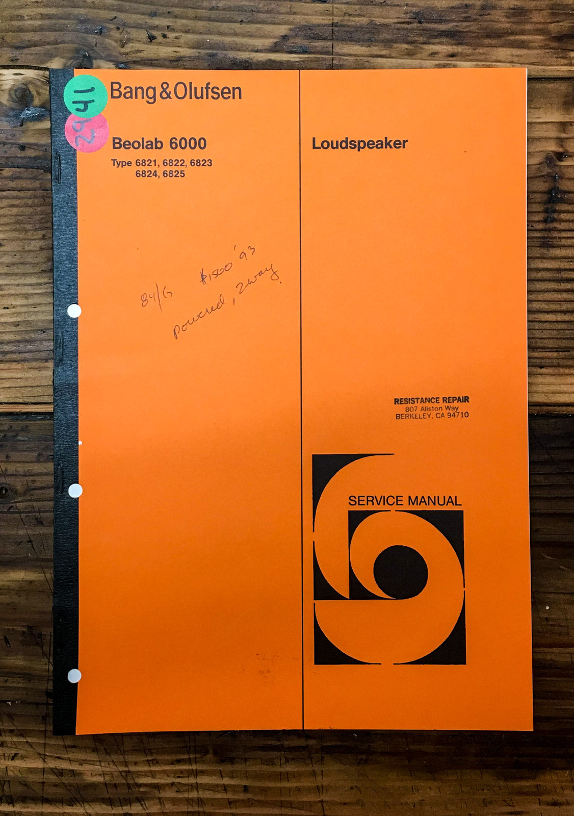 B&O Bang Olufsen Beolab 6000 Speaker  Service Manual *Original*