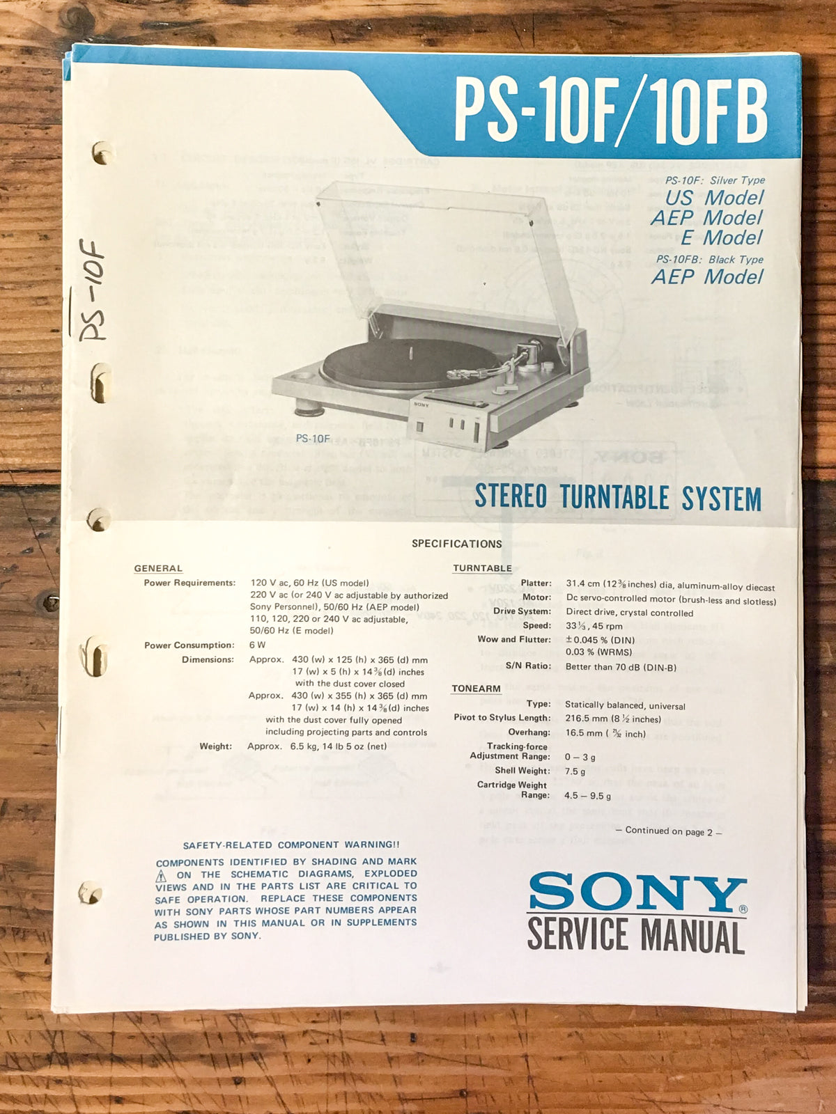 Sony PS-10F PS-10FB Record Player / Turntable Service Manual *Original*