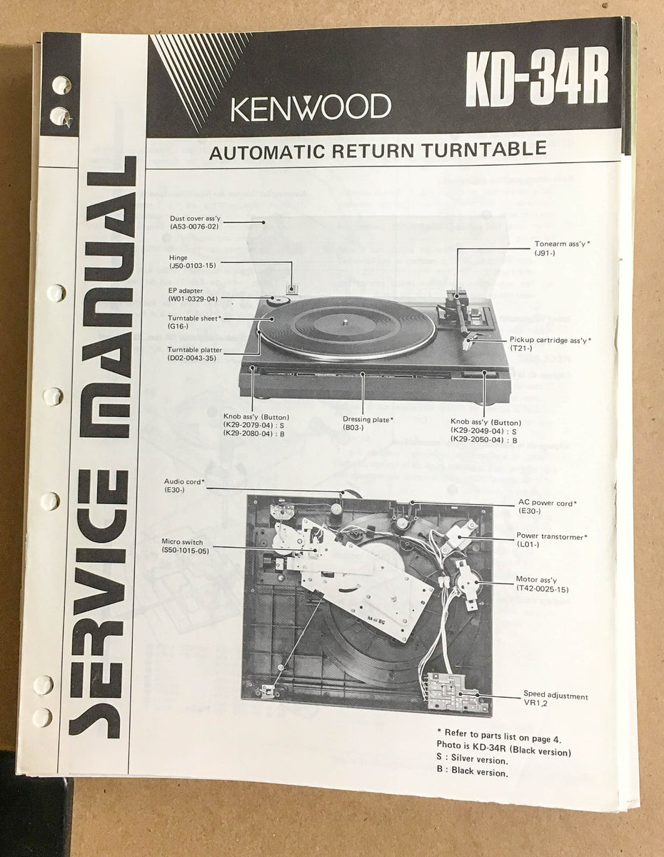 Kenwood KD34R Turntable / Record Player Service Manual *Original