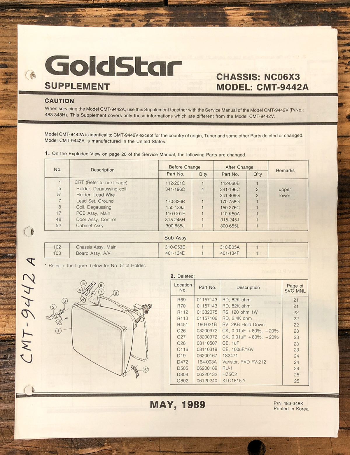 LG Goldstar CMT-9442 Color TV  Service Manual *Original*