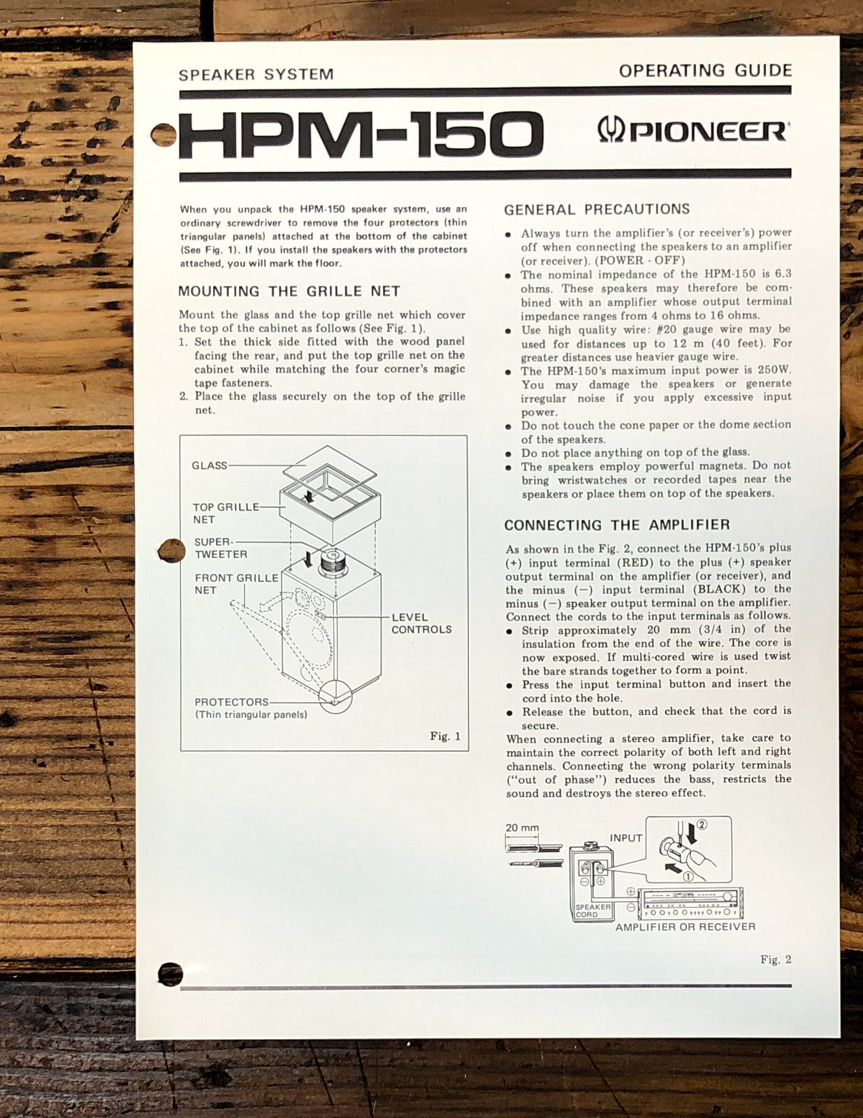 Pioneer HPM-150 Speaker Owner / User Manual *Original*