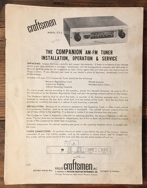 The Craftsmen Model CT-3 Tuner User & Service Manual *Original*