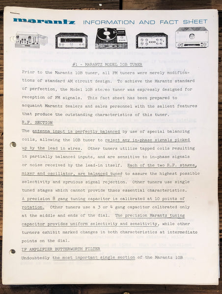 Marantz Model 10B Tuner  Info & Fact Sheet *Original*