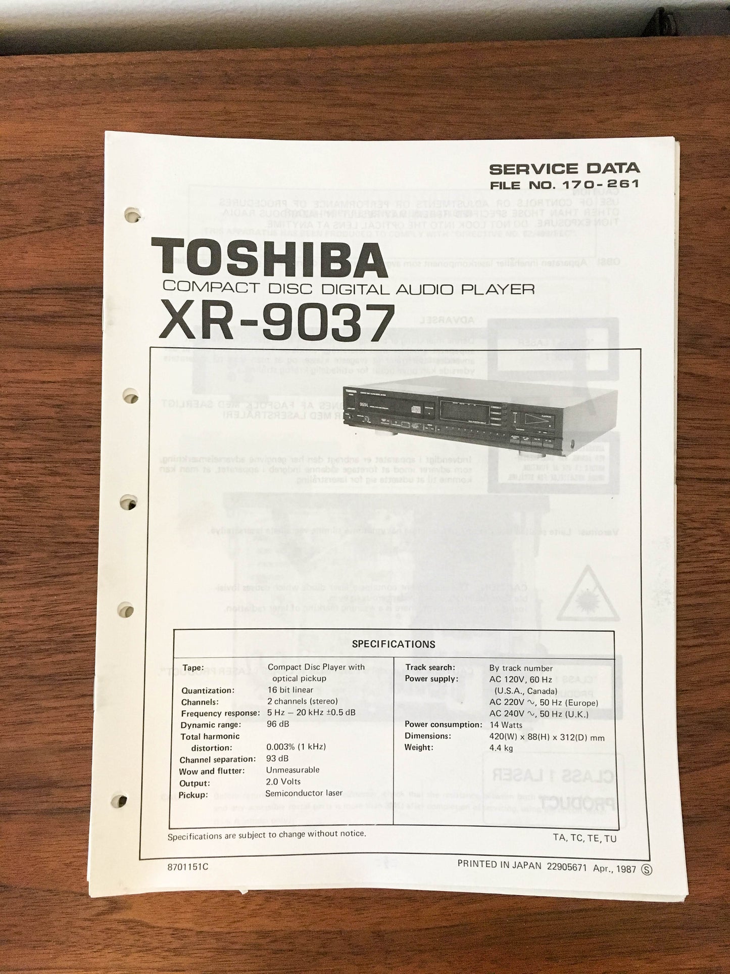 Toshiba XR-9037 CD Player Service Manual *Original*