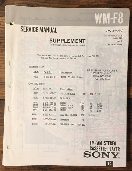 Sony WM-F8 Cassette Service Manual Supplement *Original*