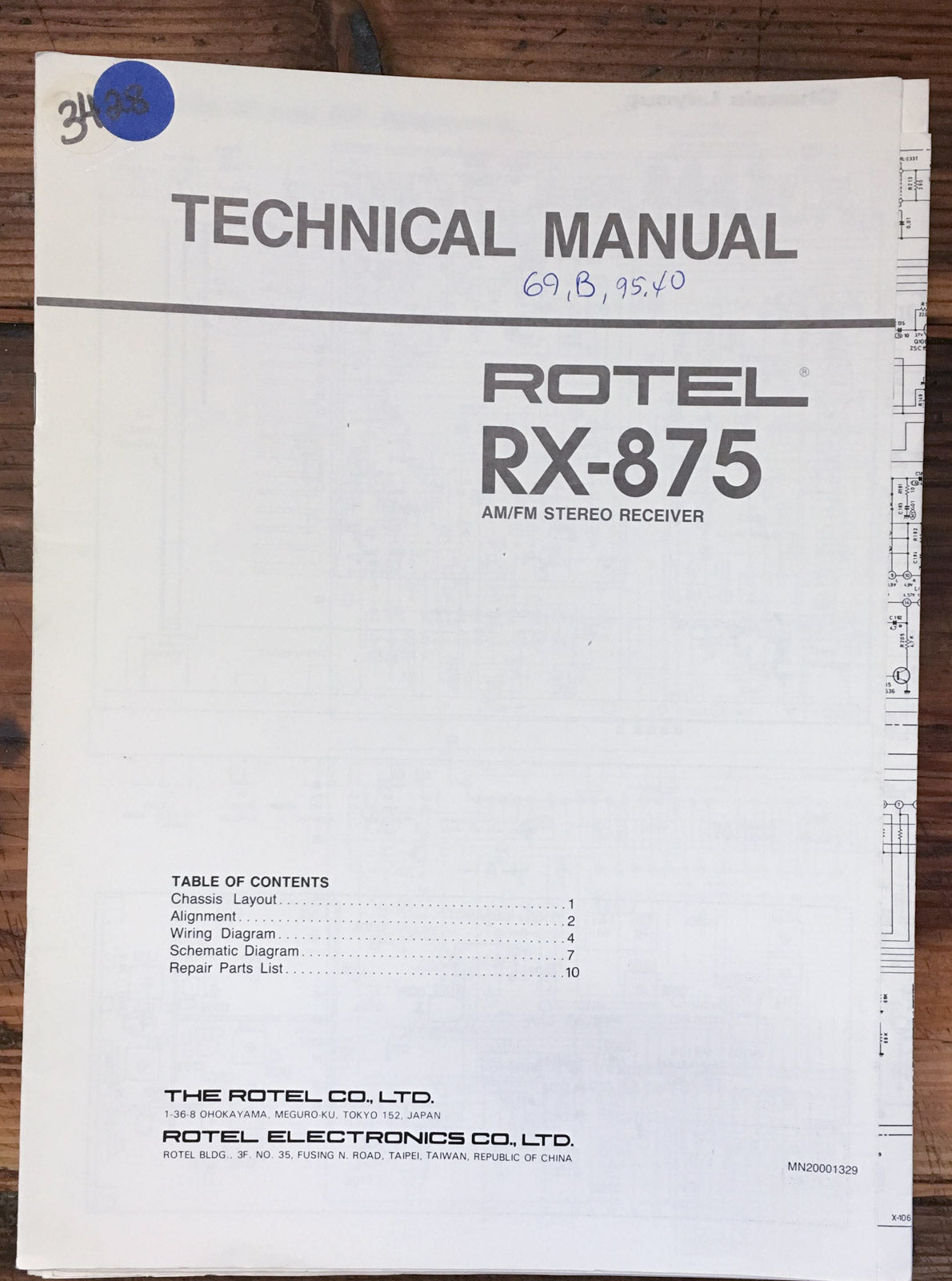 Rotel RX-875 Receiver  Service Manual *Original*
