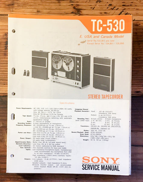 Sony TC-530 Reel to Reel Service Manual *Original* #2