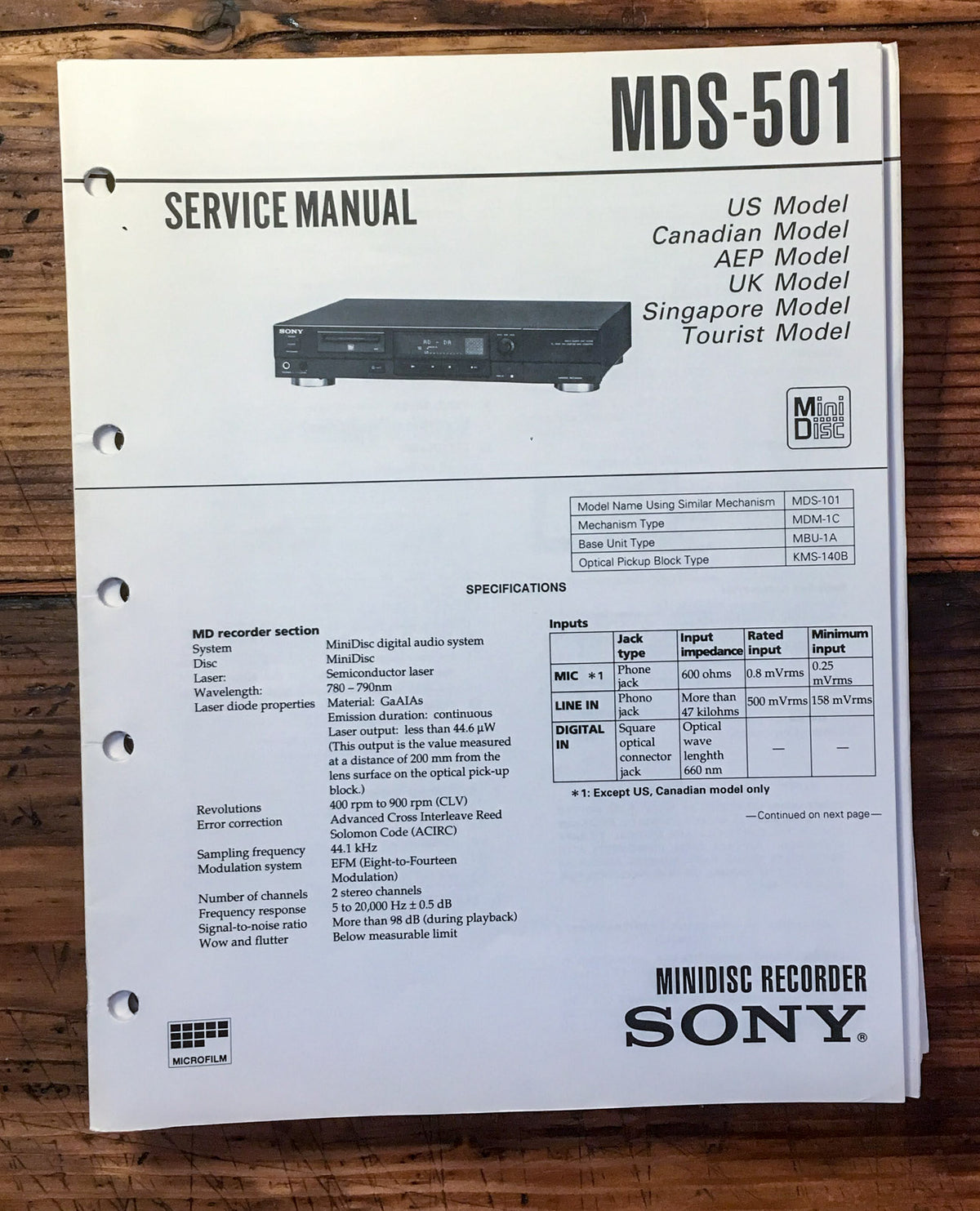 Sony MDS-501 MD Mini Disc  Service Manual *Original*