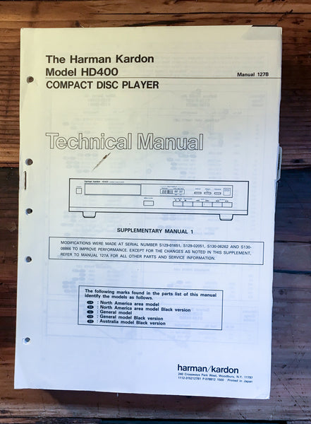 HK Harman Kardon HD400 HD-400 CD Player Service Manual *Original*