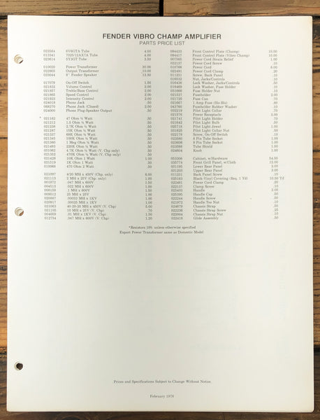 Fender Vibro Champ Amplifier Parts List & Schematic  *Original*