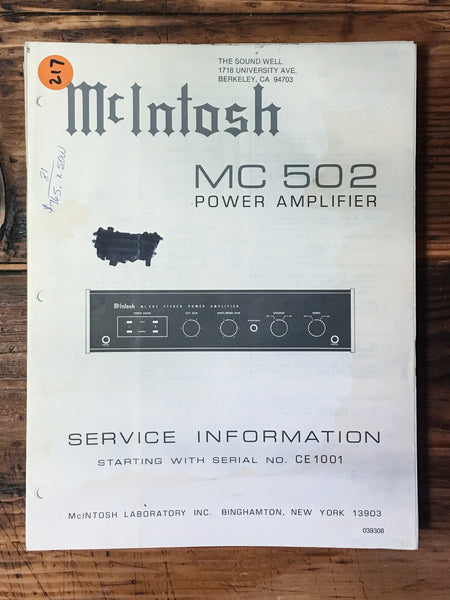 McIntosh MC 502 Amplifier Service Manual *Original*