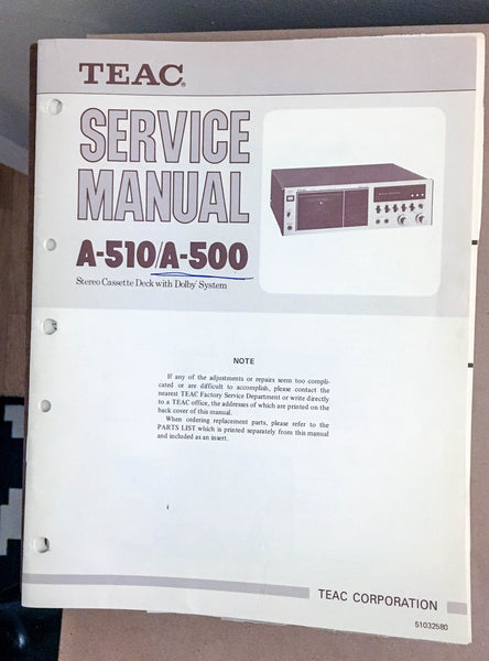 Teac A-510 A-500 Cassette Deck  Parts List *Original* #2
