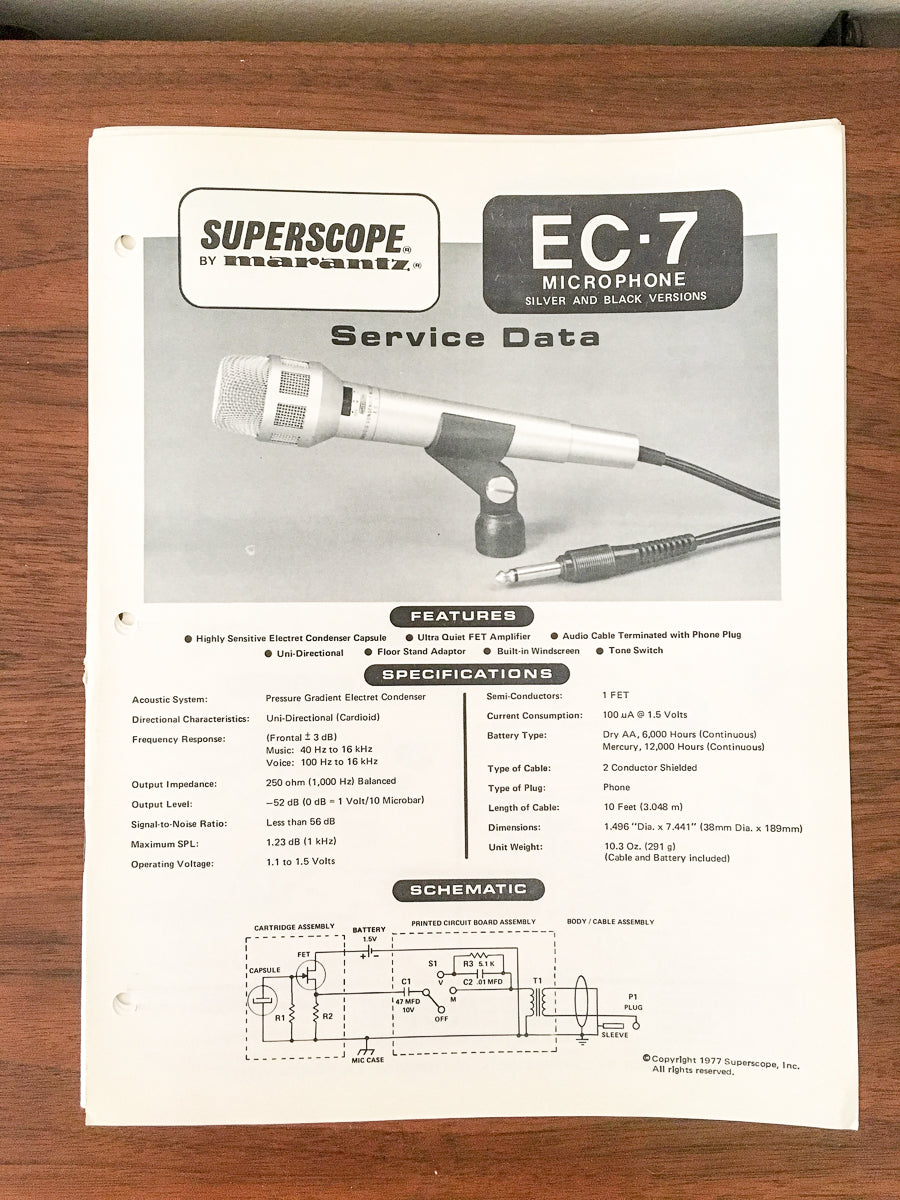 Superscope / Marantz EC-7 Microphone Service Manual *Original*