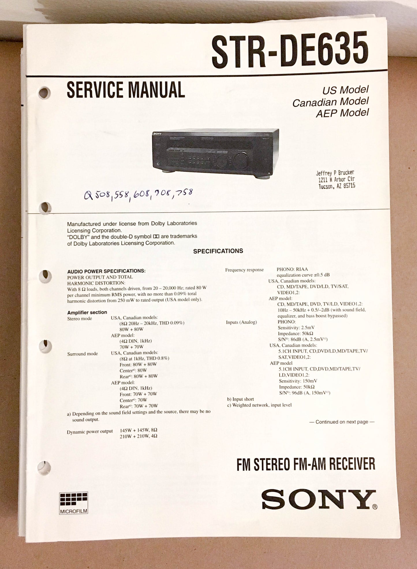 Sony STR-DE635 Receiver  Service Manual *Original*