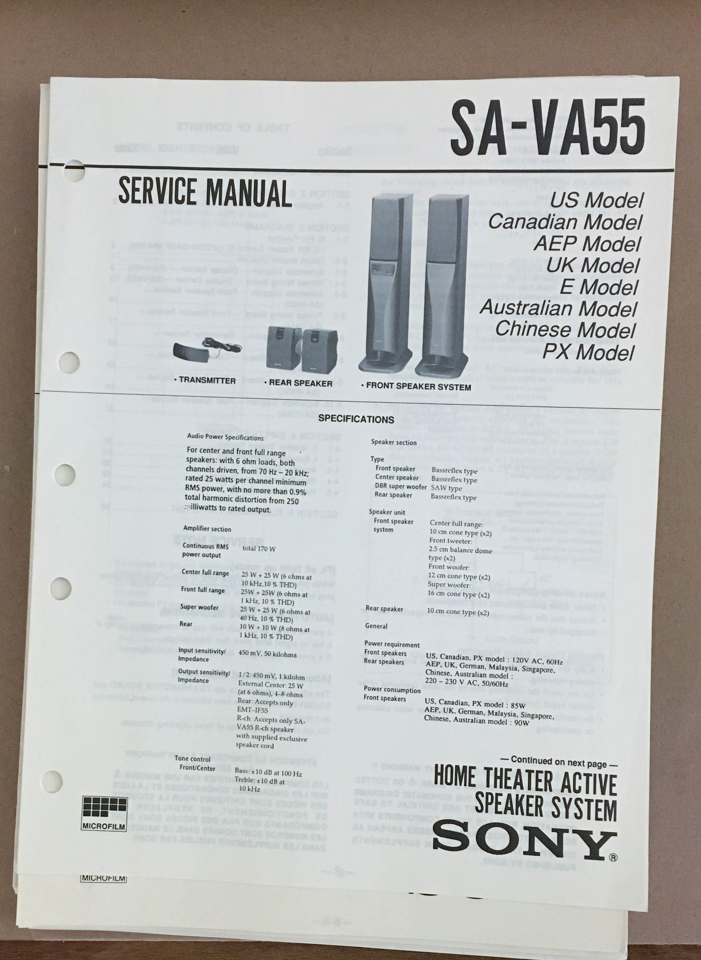 Sony  SA-VA55 Speaker Service Manual *Original*