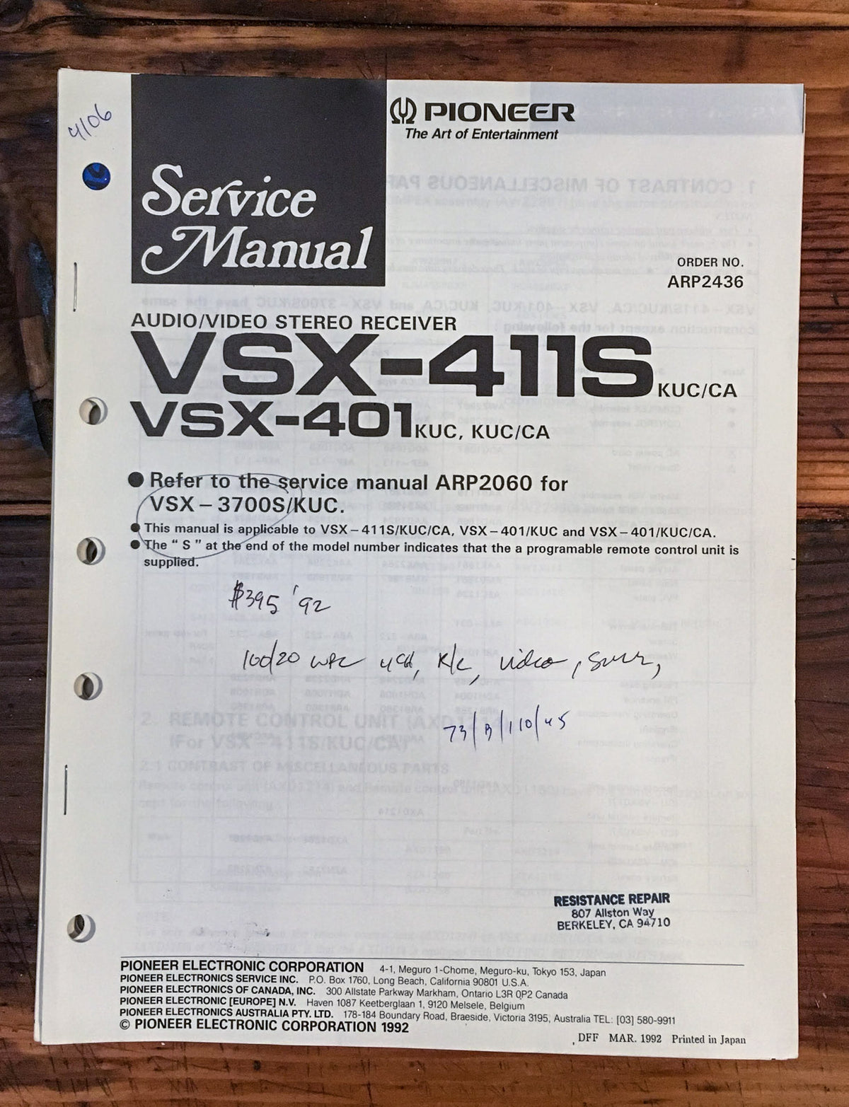 Pioneer VSX-411S VSX-401 Receiver  Service Manual *Original*