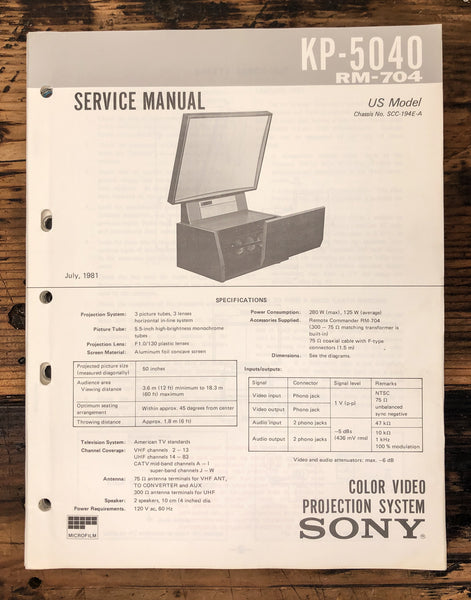 Sony KP-5040 RM-704 Video Projector  Service Manual *Original* #2