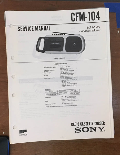 Sony CFM-104 Radio Cassette Recorder Service Manual *Original*