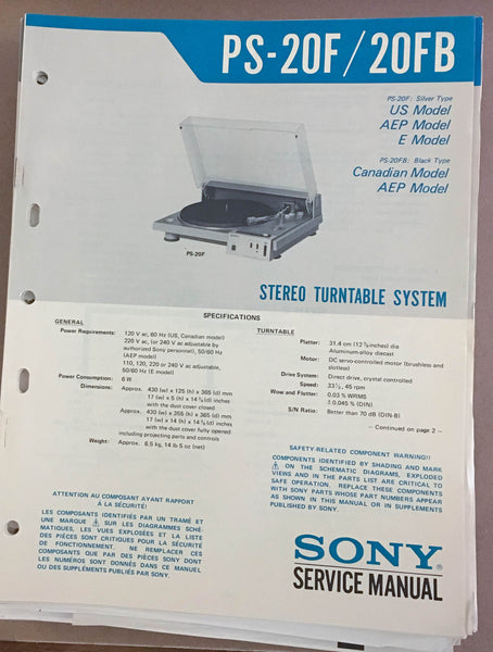 Sony PS-20F PS-20FB Turntable Record Player  Service Manual *Original*