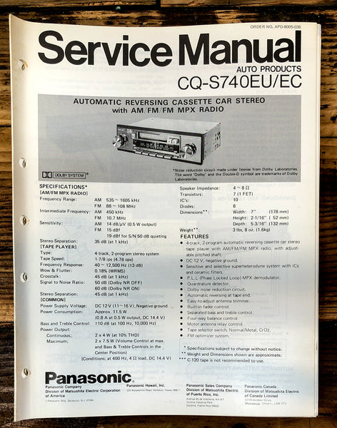 Panasonic CQ-S740EU EC Car Stereo  Service Manual *Original*