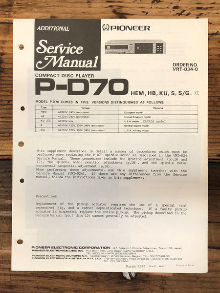 Pioneer P-D70 CD Player Additional Service Manual *Original*
