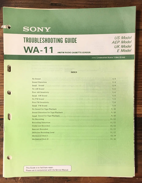 Sony WA-11 Cassette Troubleshooting Manual *Original*