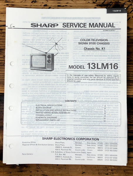 Sharp 13LM16 TV / Television Service Manual *Original*