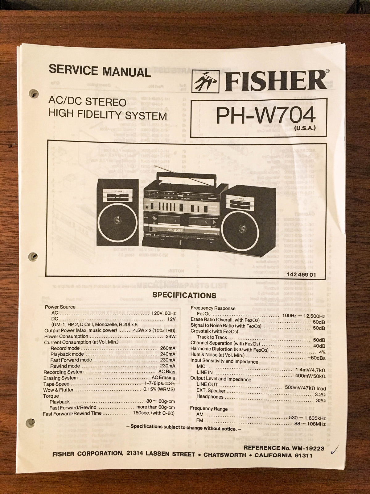 Fisher PH-W704 Boombox Radio Service Manual *Original*