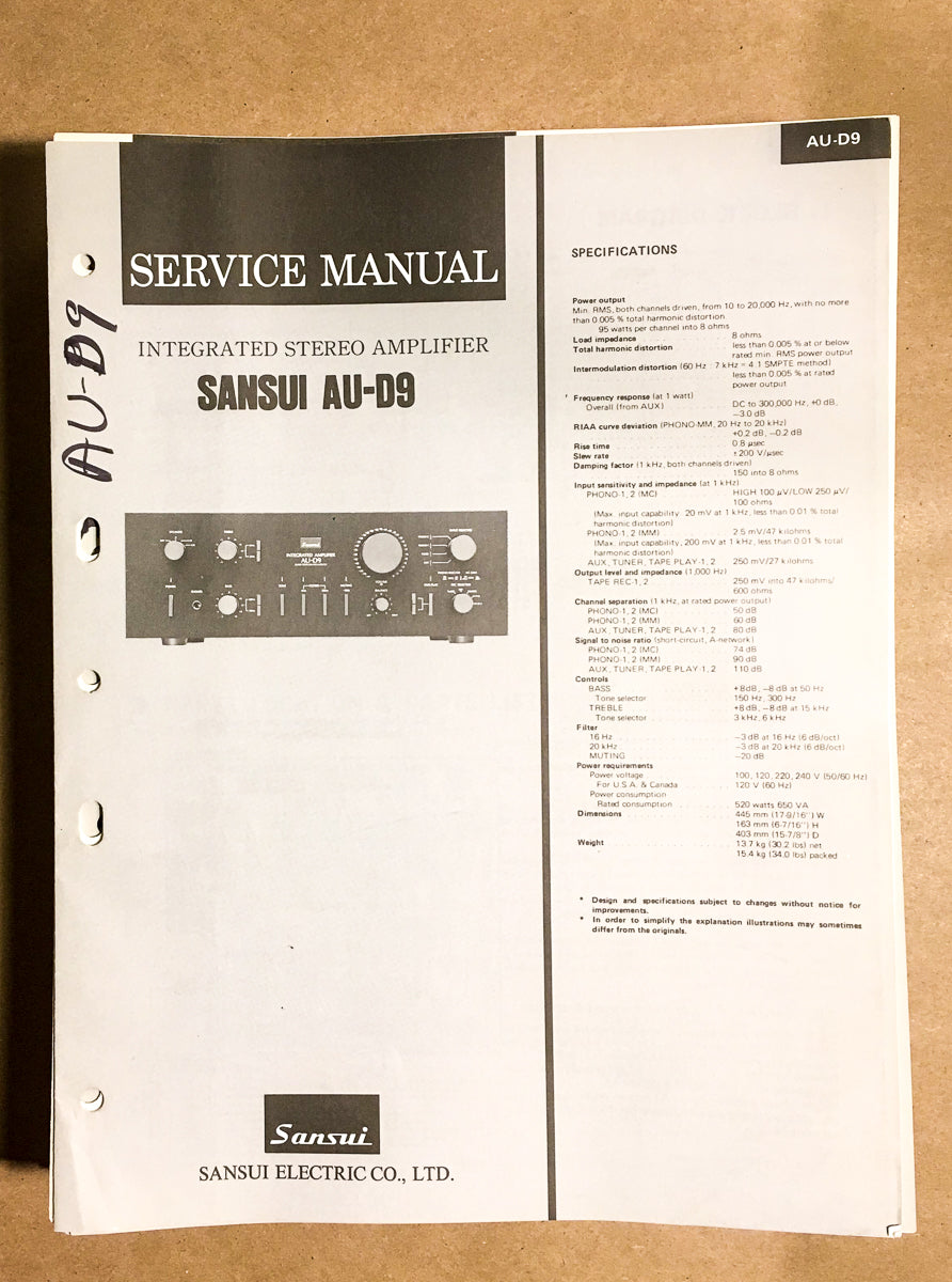 Sansui AU-D9 Amplifier Service Manual *Original*