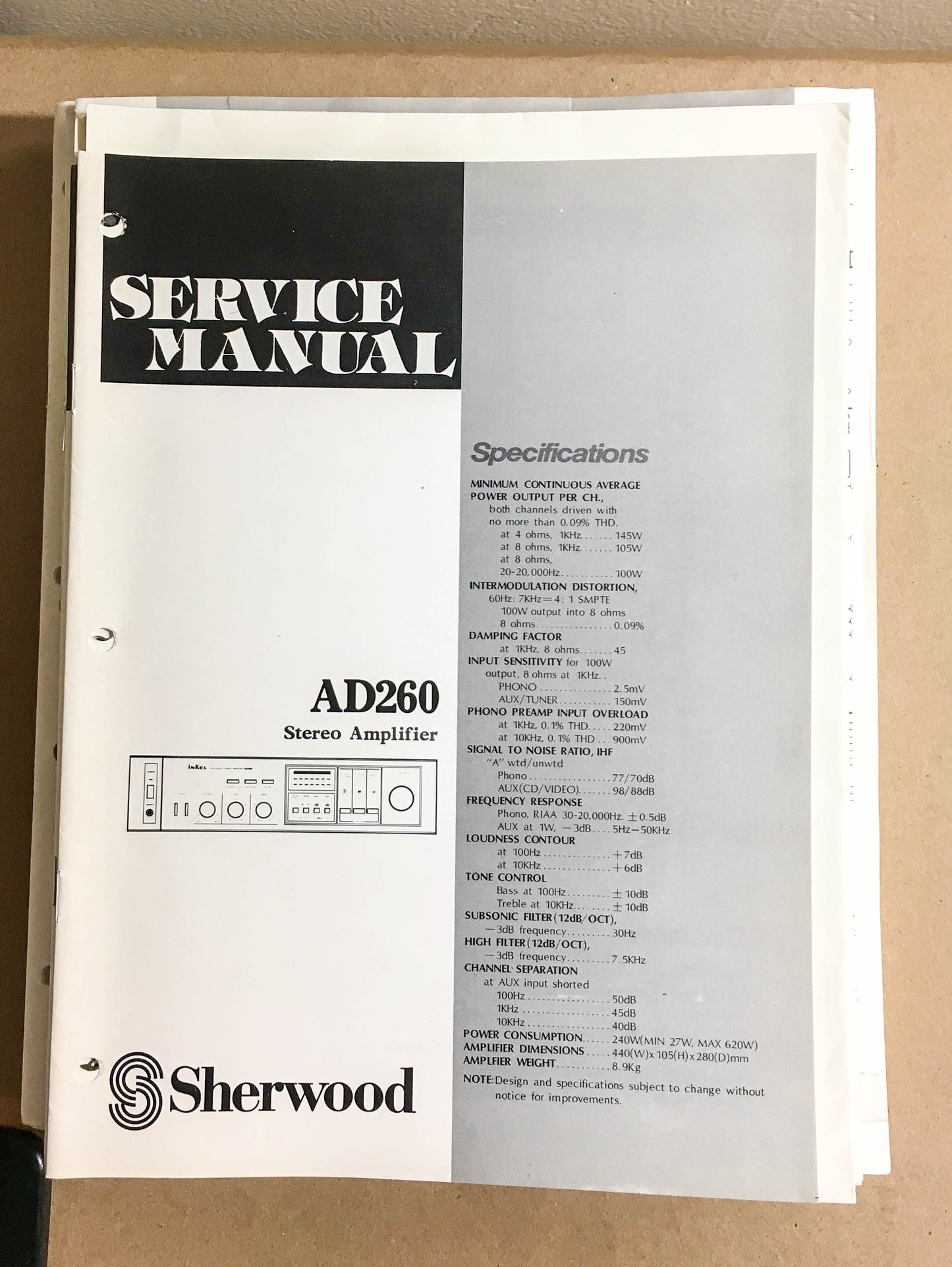 Sherwood AD260 Amplifier  Service Manual *Original*