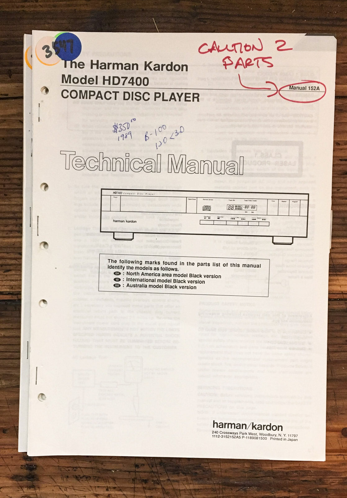 Harman Kardon 7400 HD-7400 CD Player  Service Manual PT 2 *Original*