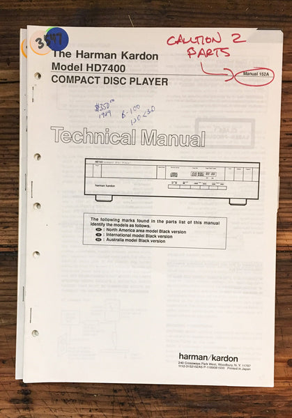 Harman Kardon 7400 HD-7400 CD Player  Service Manual PT 2 *Original*