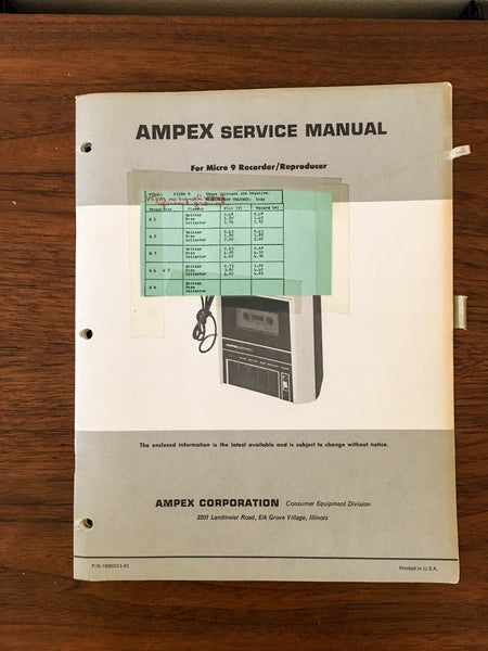 Ampex Model Micro 9 Cassette Service Manual *Original*