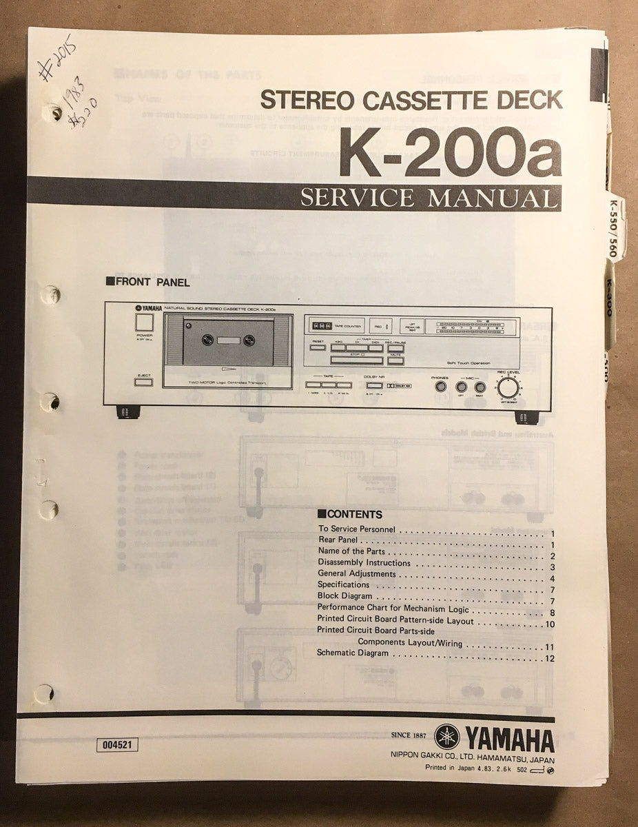 Yamaha K-200A K-200 A Cassette  Service Manual *Original*