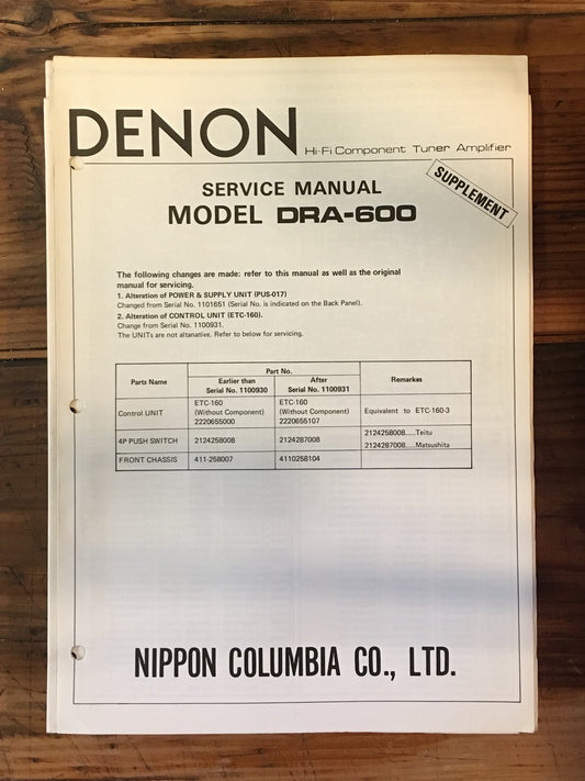 Denon DRA-600 Receiver Service Manual Supplement *Original*