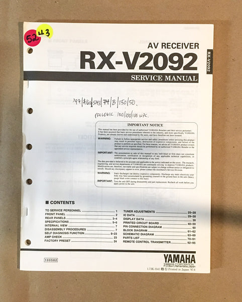 Yamaha RX-V2092 Receiver  Service Manual *Original*