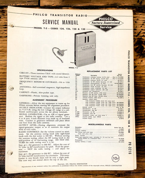 Philco Ford T-3 Codes 124 126 128 130 Radio Service Manual *Original*