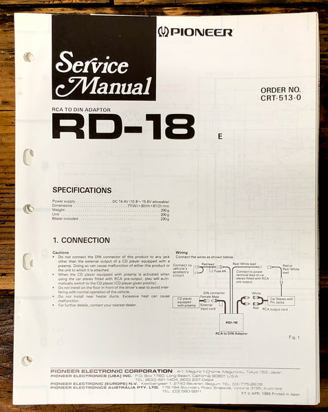 Pioneer RD-18 RCA to DIN Adapter Service Manual *Original*