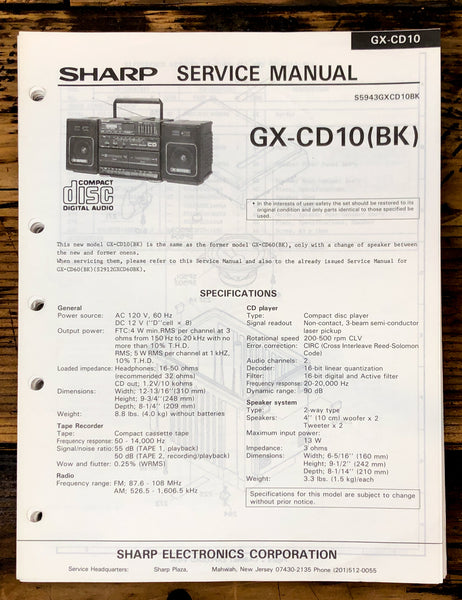 Sharp GX-CD10 Boombox / Radio Service Manual *Original*