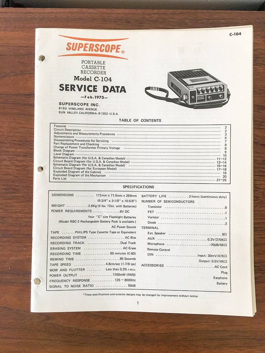 Superscope C-104 Cassette Recorder Service Manual *Original*